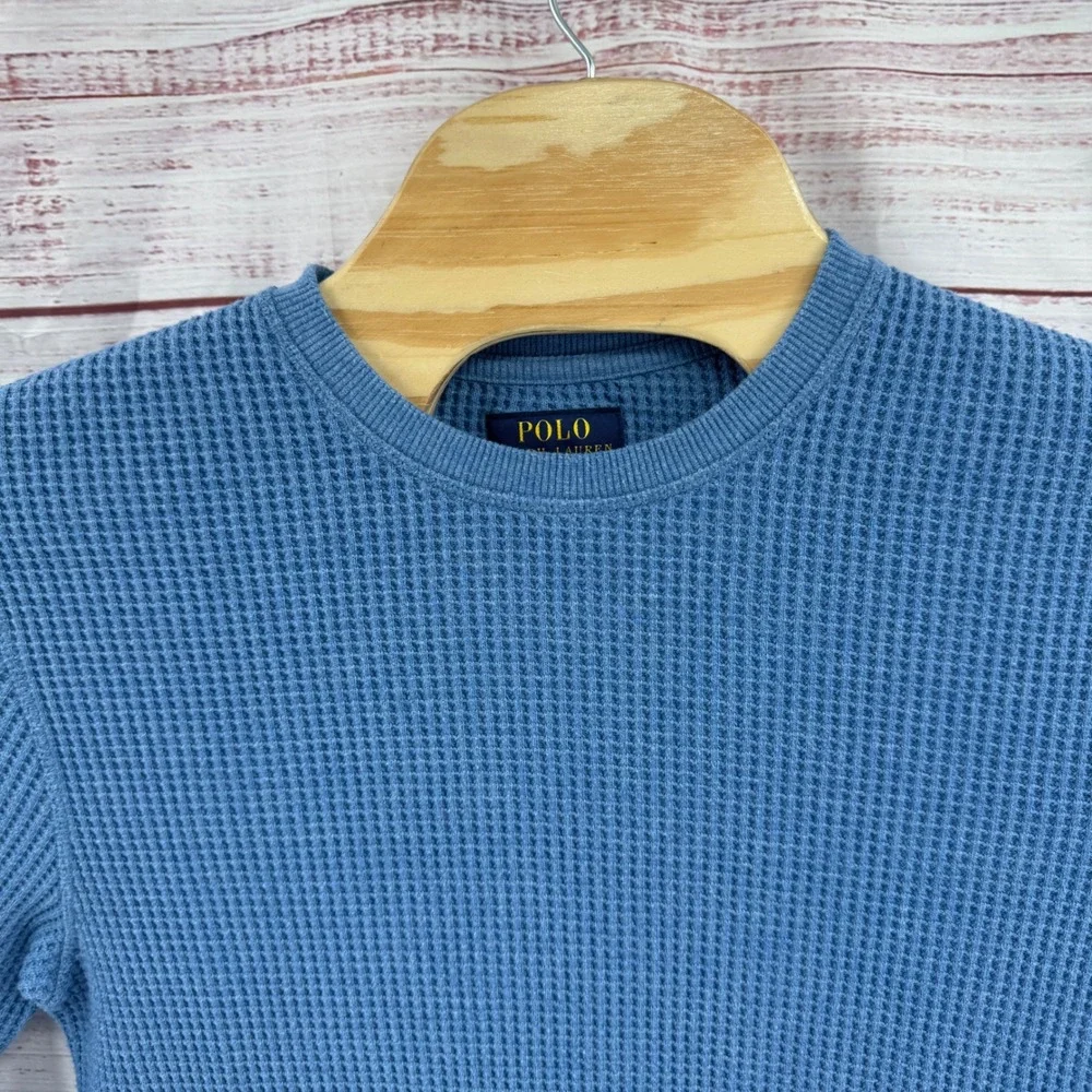 Polo Ralph Lauren Shirt Mens Medium Blue Waffle Knit Thermal Long Sleeve